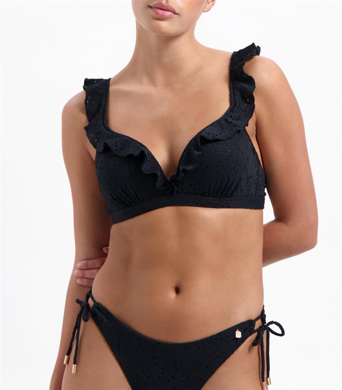 Black Embroidery Ruffle Bikini-Top 